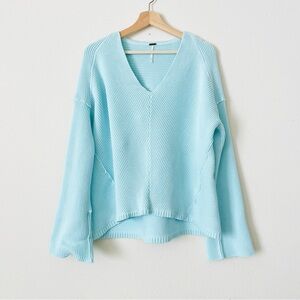 Free People Light Blue V-Neck Ribbed Sweater